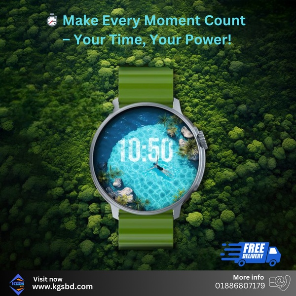A 1:1 square ad featuring a smartwatch with a lush forest background and a swimming pool face, promoting a sense of natural balance and time management.